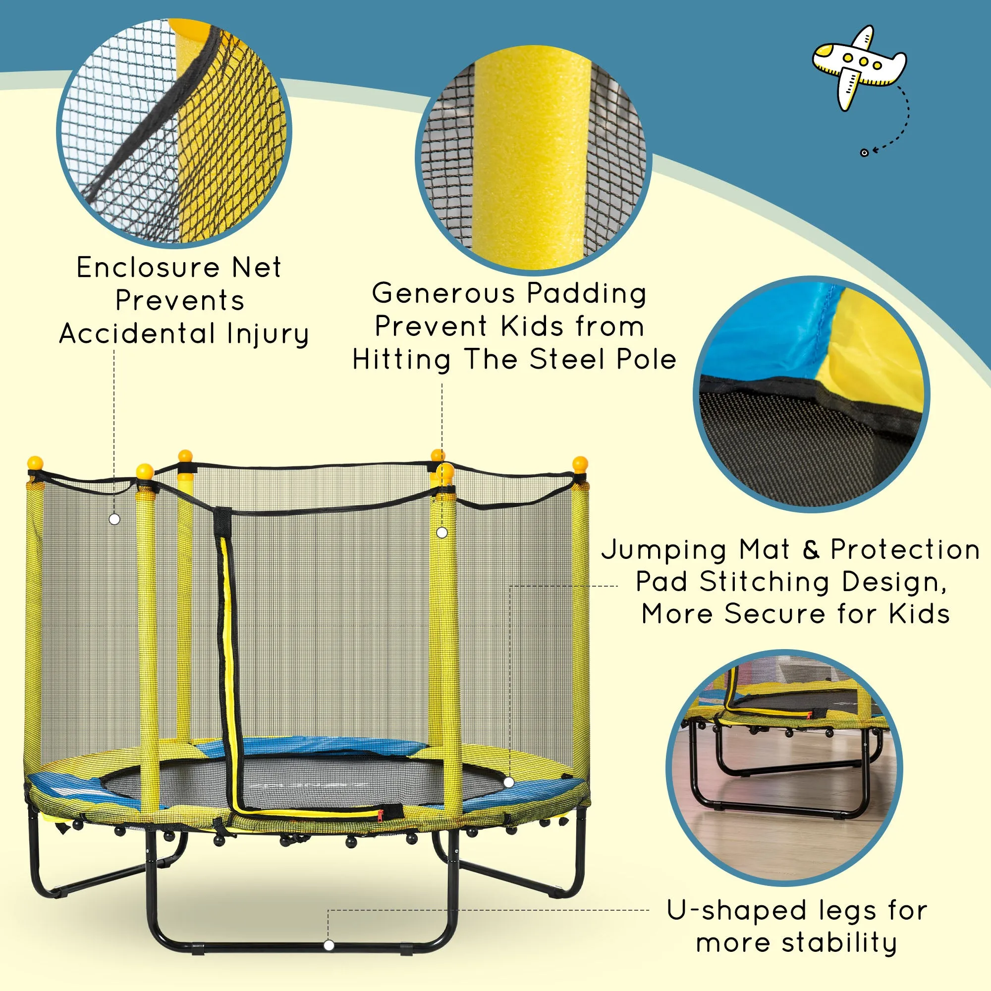 4.6FT / 55 Inch Kids Trampoline with Enclosure Safety Net Pads Indoor Trampolines for Child 3-10 Years Old, Yellow