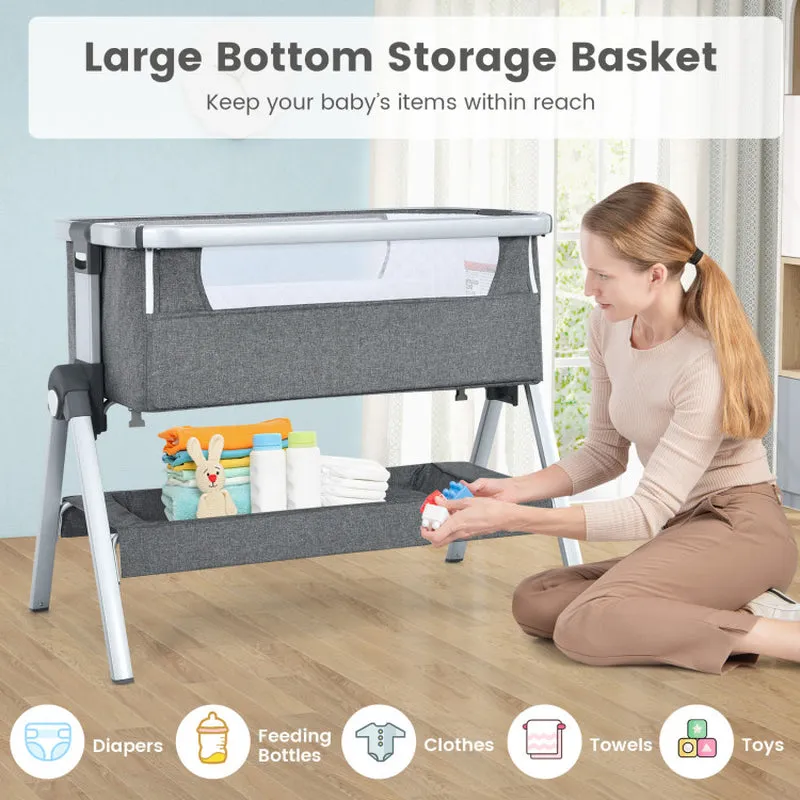 Baby Bedside Bassinet with Storage Basket and Wheels