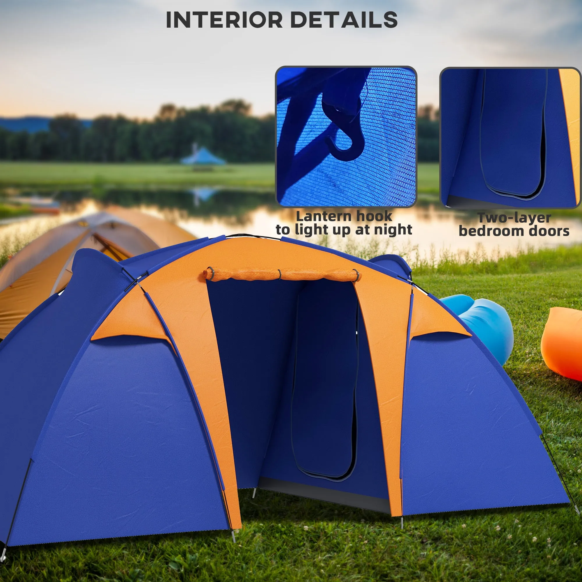 Camping Tent with 2 Bedroom, Living Area and Porch, 4-6 Man Large Tunnel Tent, 2000mm Waterproof, Portable with Bag