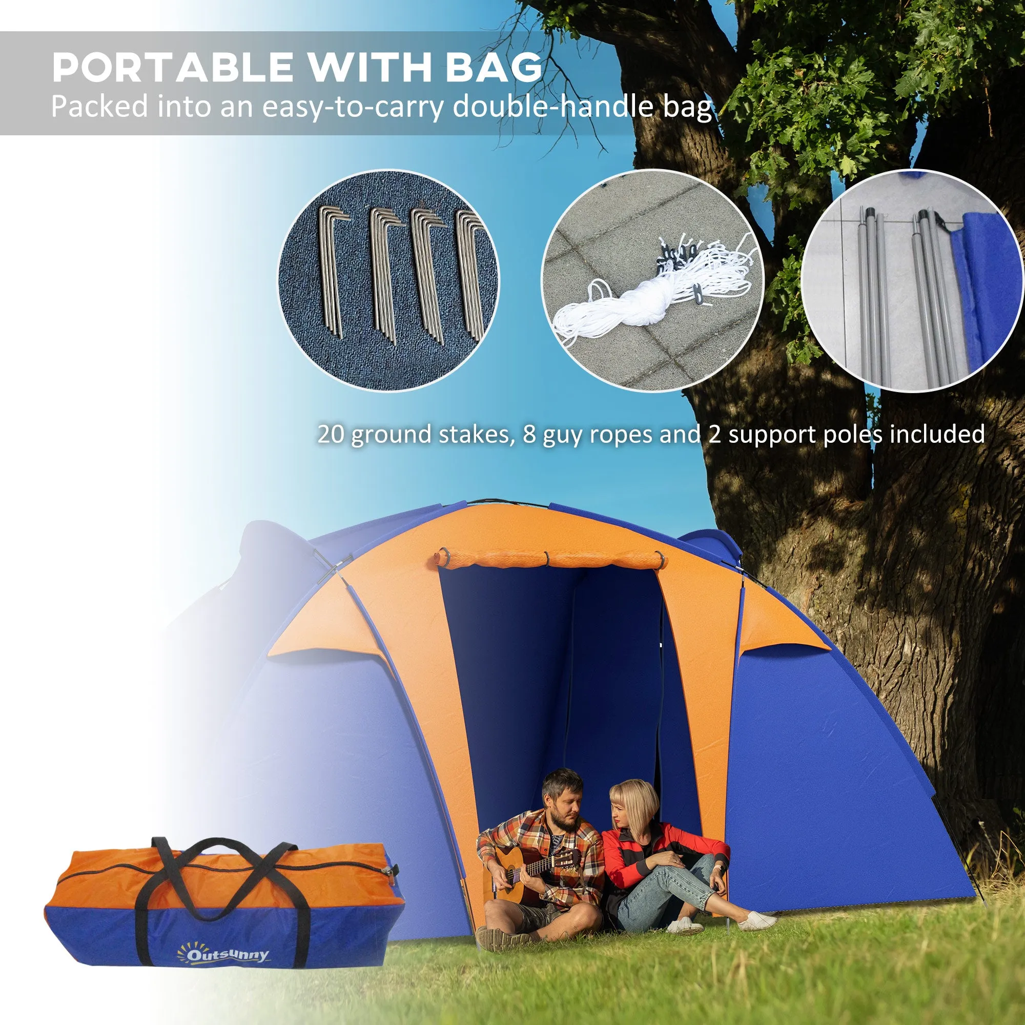 Camping Tent with 2 Bedroom, Living Area and Porch, 4-6 Man Large Tunnel Tent, 2000mm Waterproof, Portable with Bag