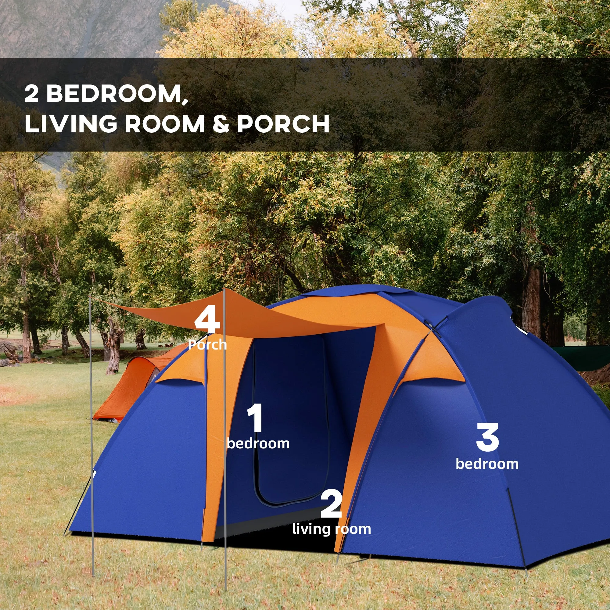 Camping Tent with 2 Bedroom, Living Area and Porch, 4-6 Man Large Tunnel Tent, 2000mm Waterproof, Portable with Bag