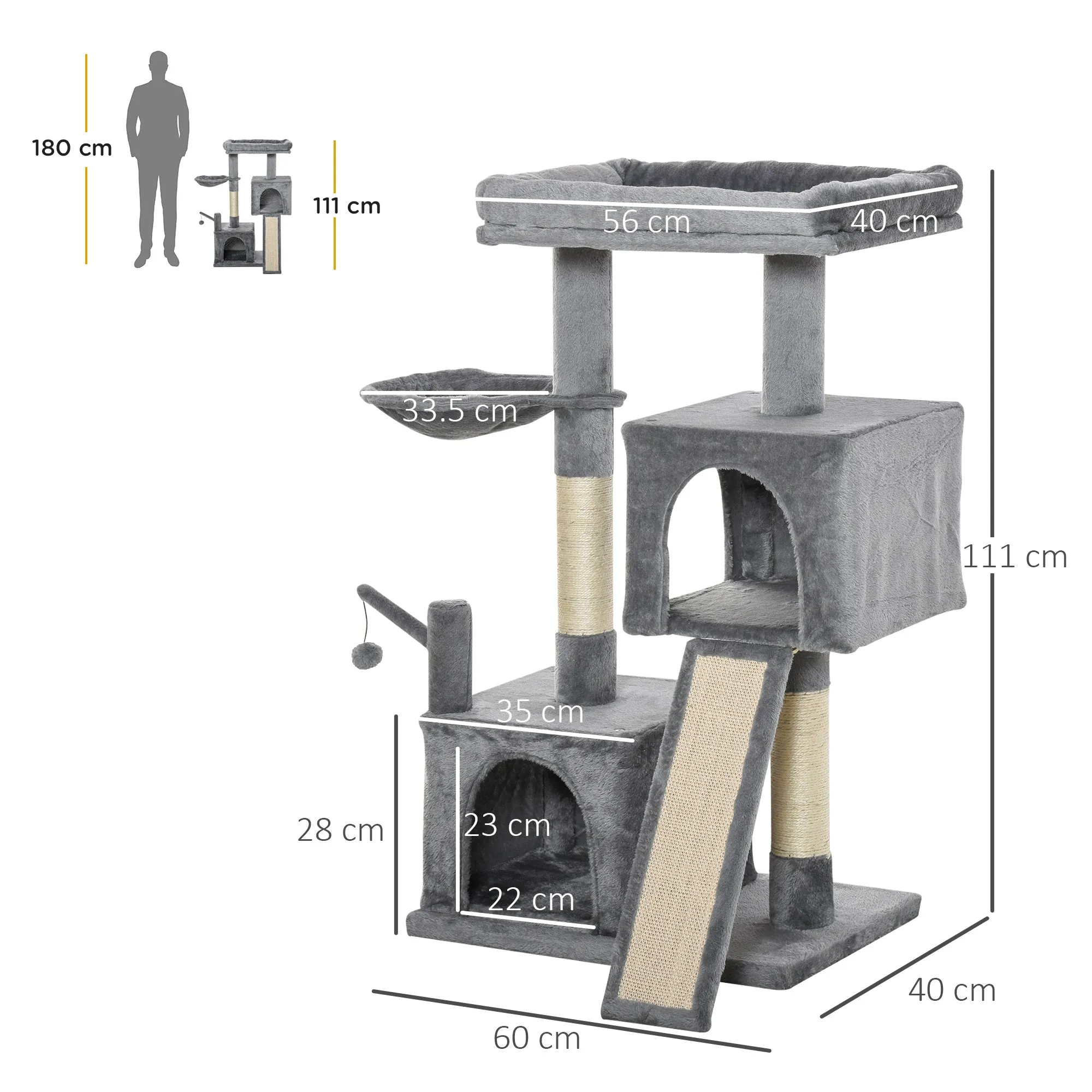 Cat Tree Tower for Indoor Cats 111cm Climbing Kitten Activity Centre with Sisal Scratching Post Pad Perch Hanging Ball Hammock Condo Toy Grey