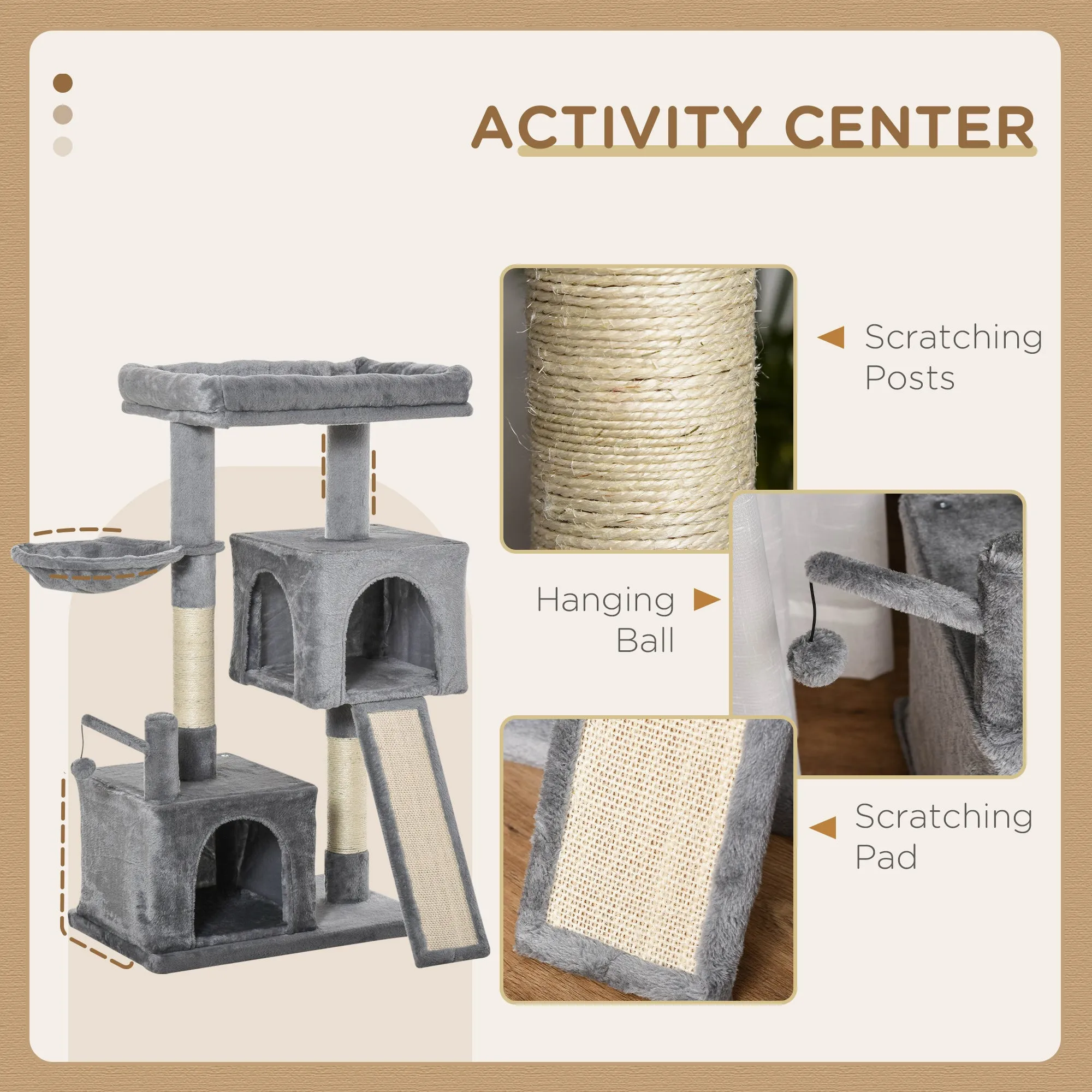 Cat Tree Tower for Indoor Cats 111cm Climbing Kitten Activity Centre with Sisal Scratching Post Pad Perch Hanging Ball Hammock Condo Toy Grey