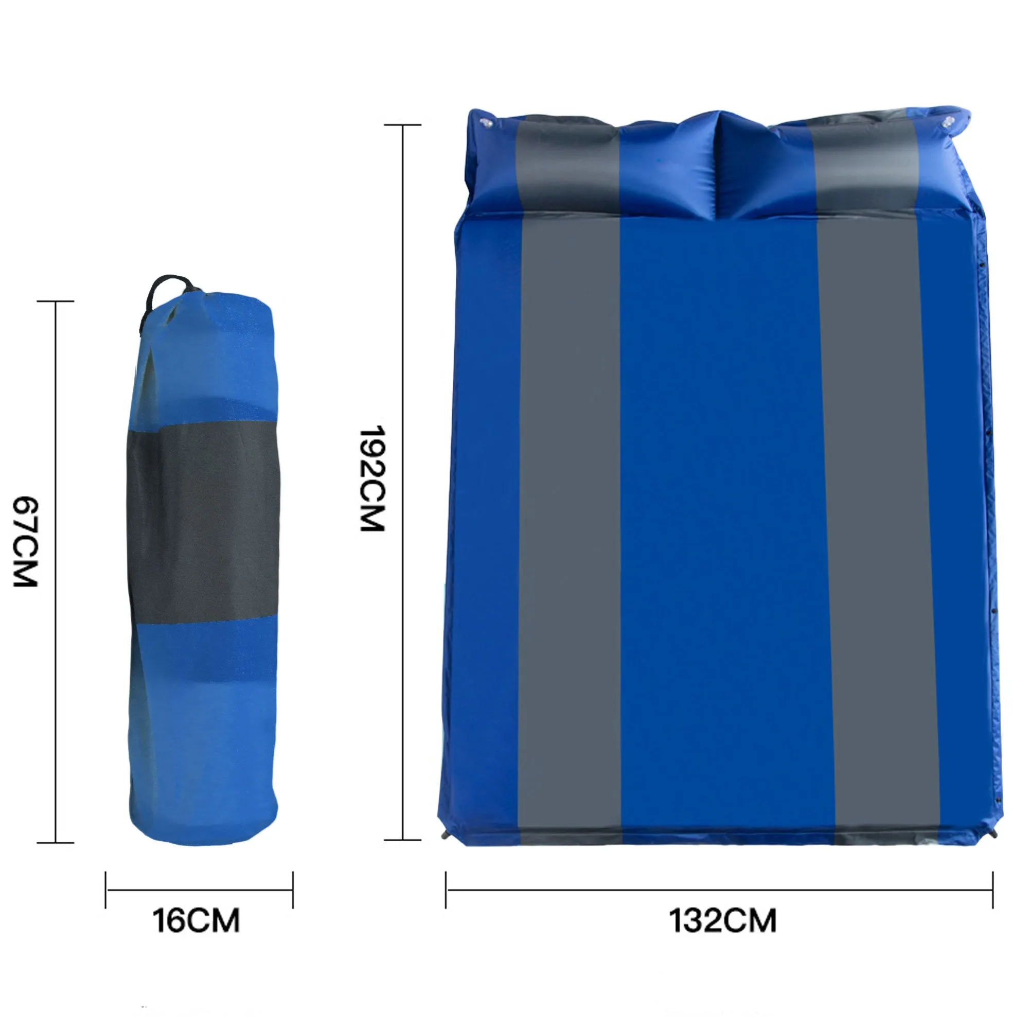 Double Self Inflating Mattress Sleeping Mat Air Bed Camping Camp Hiking Joinable Pillow - blue