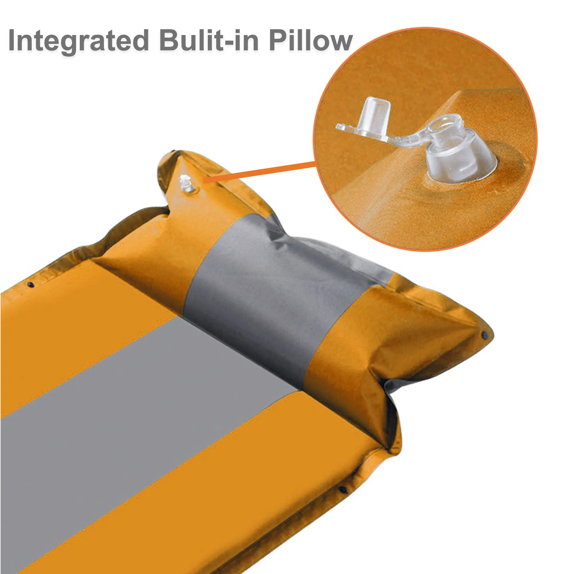 Double Self Inflating Mattress Sleeping Mat Air Bed Camping Camp Hiking Joinable Pillow - orange