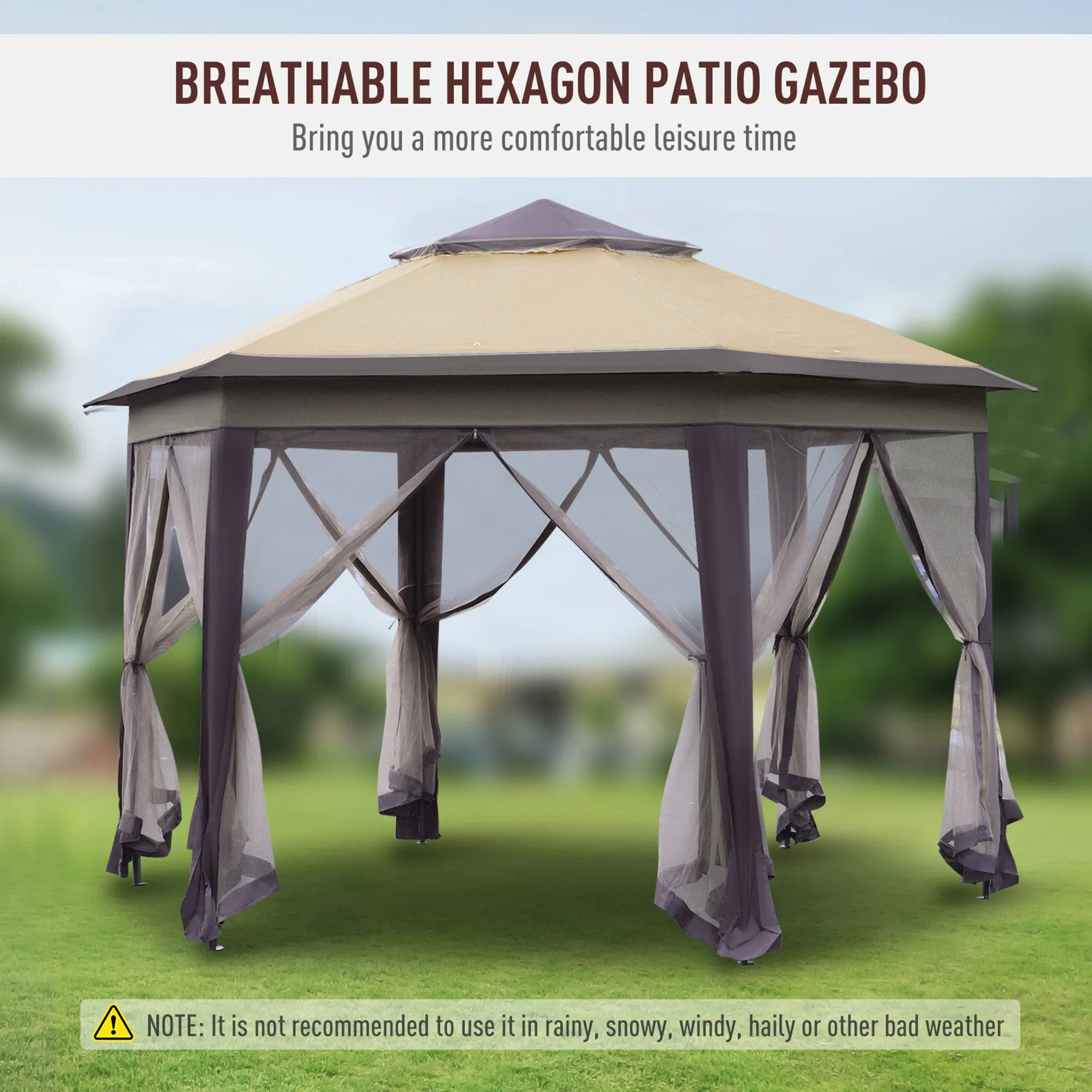 Hexagon Patio Gazebo Pop Up Gazebo Outdoor Double Roof Instant Shelter with Netting, 3m x 4m, Beige