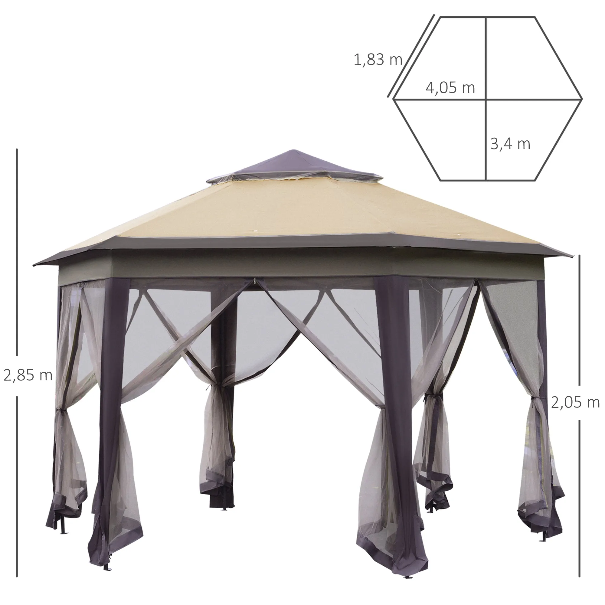 Hexagon Patio Gazebo Pop Up Gazebo Outdoor Double Roof Instant Shelter with Netting, 3m x 4m, Beige