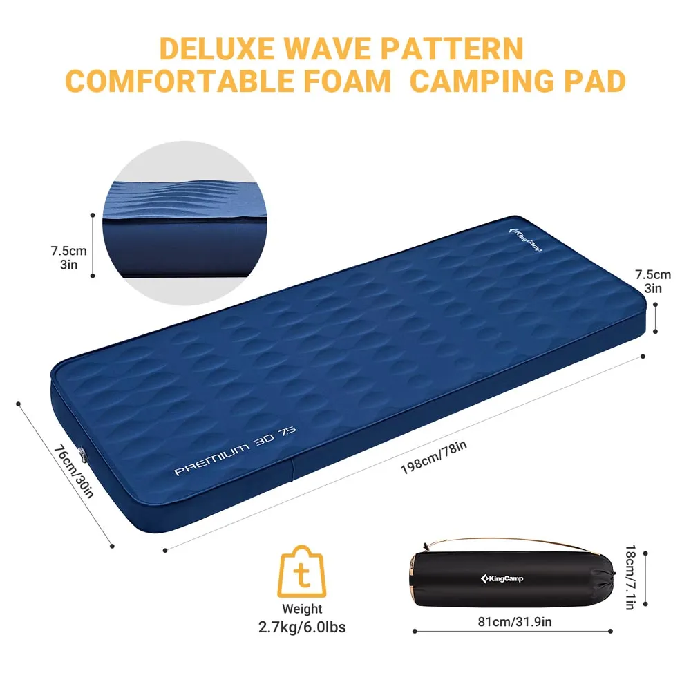 KingCamp Navy Single 3D 3" Thick Self-Inflating Sleeping Mattress