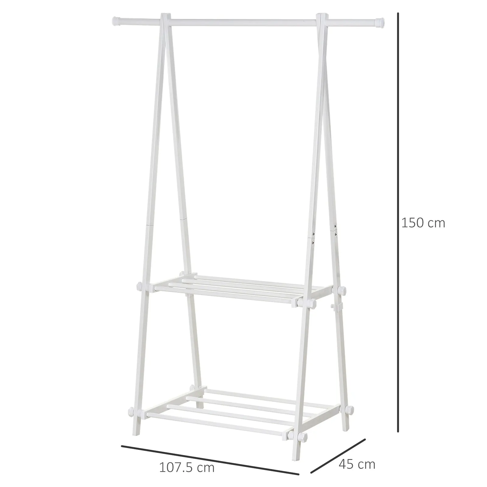 Minimalist Foldable Adjustable Clothes Rack Hanger w/ 2 shelves 107.5L x 45W x 150H cm Hallway Entryway Furniture - White