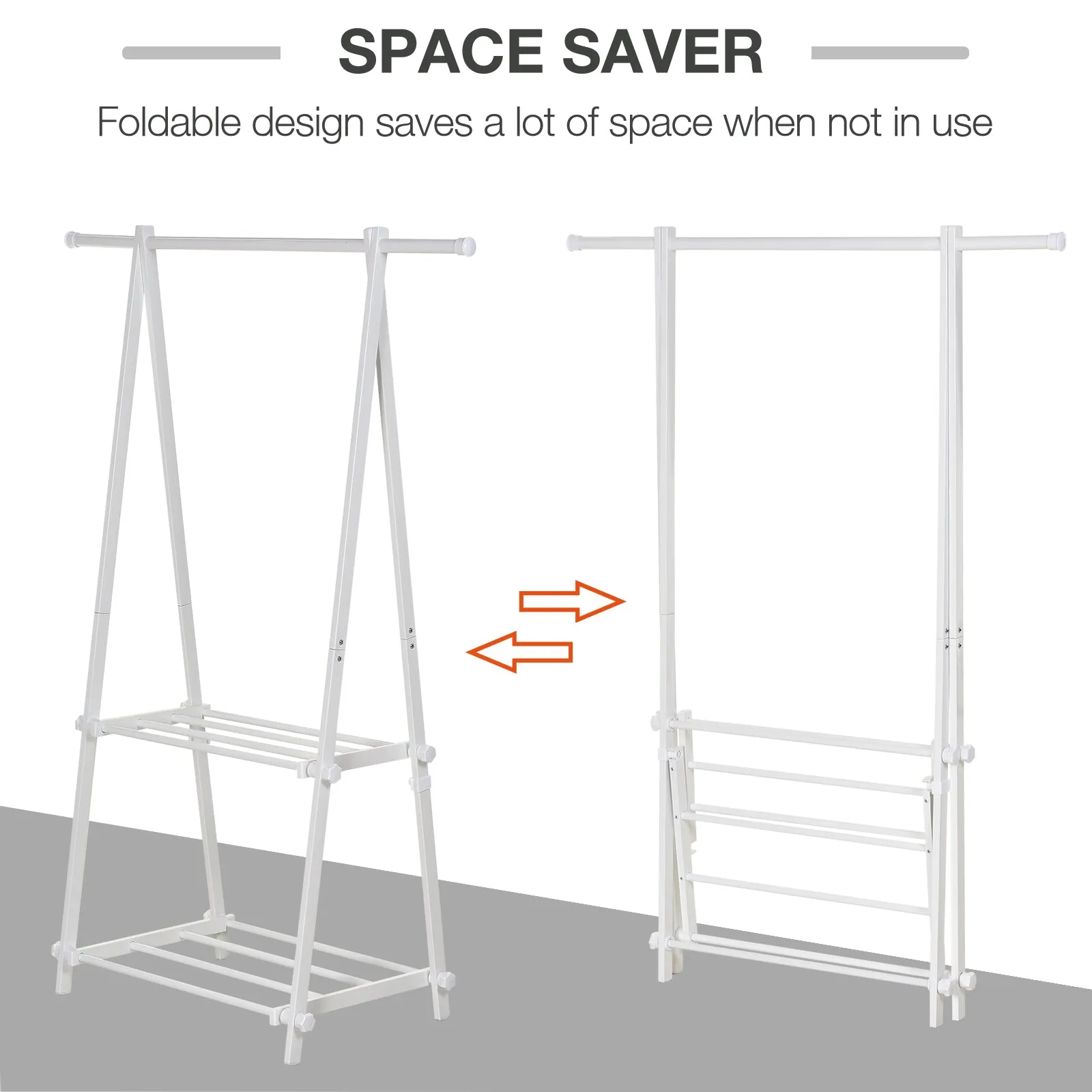 Minimalist Foldable Adjustable Clothes Rack Hanger w/ 2 shelves 107.5L x 45W x 150H cm Hallway Entryway Furniture - White