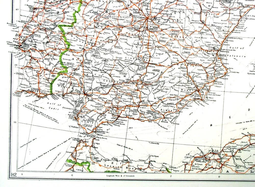 Original British WWII Mulberry Leaf Tissue Map: Spain, Portugal, Sardinia