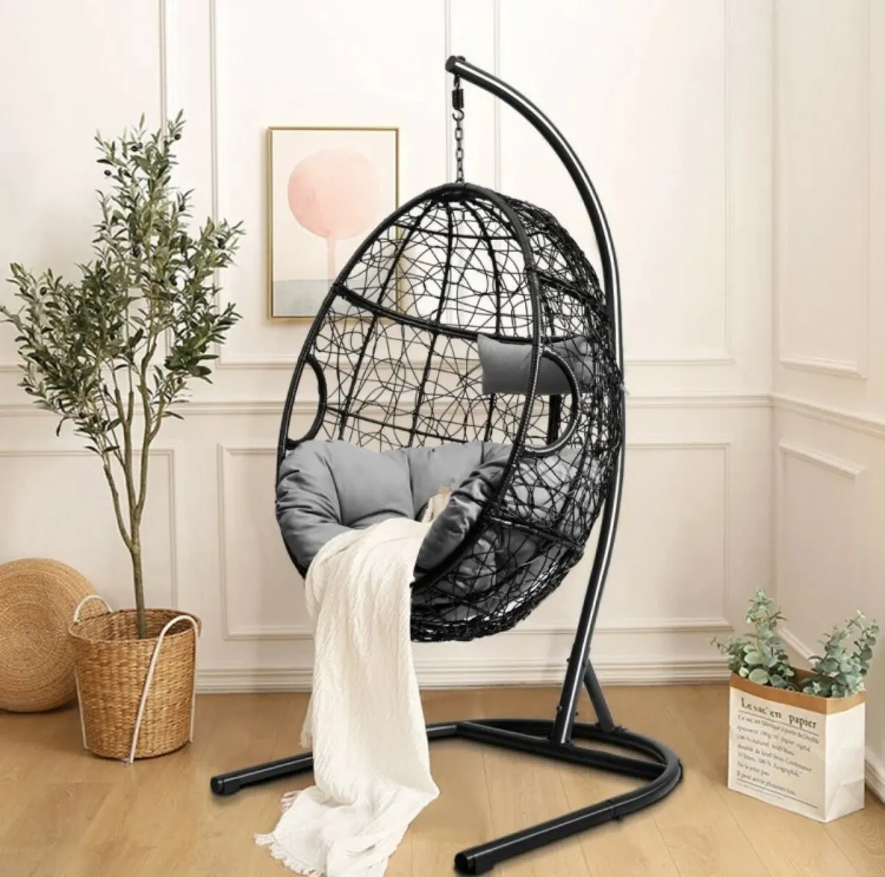 Outdoor / Indoor Patio Egg Swing Chair W/ Stand, Cushion, Pole, Basket - Heavy Duty Chair | Very Comfy Cushions | Hammock | Comes In 2 Colours | Holds 250lbs