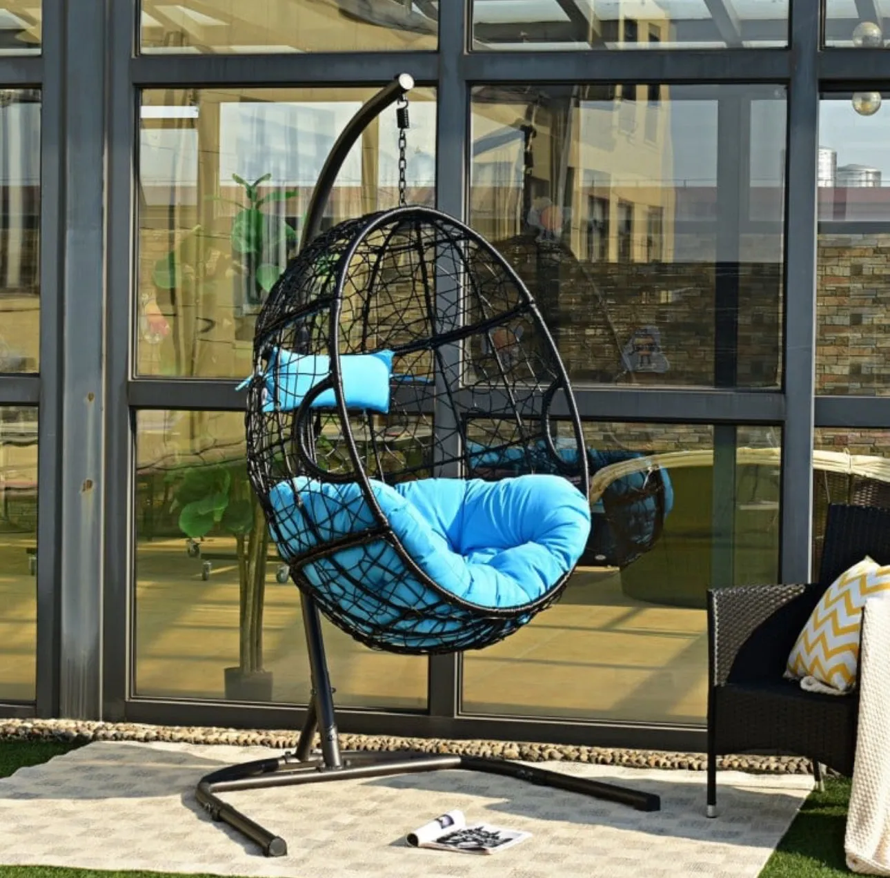 Outdoor / Indoor Patio Egg Swing Chair W/ Stand, Cushion, Pole, Basket - Heavy Duty Chair | Very Comfy Cushions | Hammock | Comes In 2 Colours | Holds 250lbs