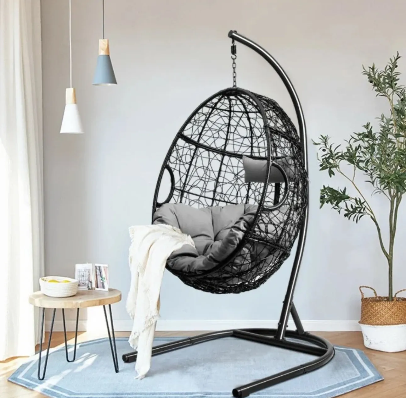 Outdoor / Indoor Patio Egg Swing Chair W/ Stand, Cushion, Pole, Basket - Heavy Duty Chair | Very Comfy Cushions | Hammock | Comes In 2 Colours | Holds 250lbs