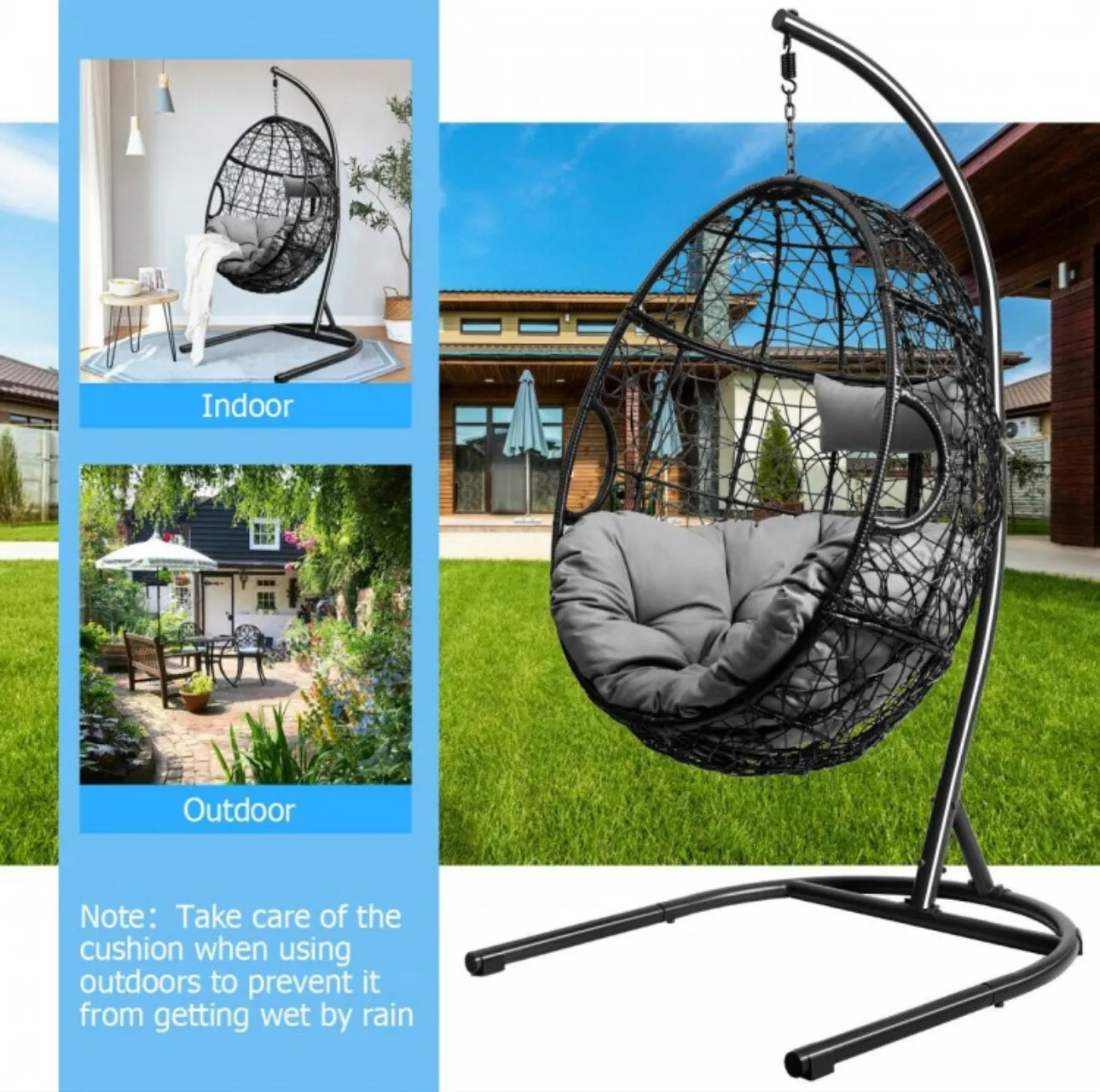 Outdoor / Indoor Patio Egg Swing Chair W/ Stand, Cushion, Pole, Basket - Heavy Duty Chair | Very Comfy Cushions | Hammock | Comes In 2 Colours | Holds 250lbs