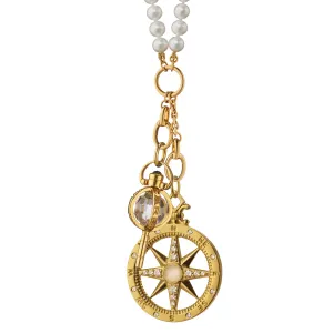 "Travel" Compass and Mini "Carpe Diem" Key Pearl Charm Necklace