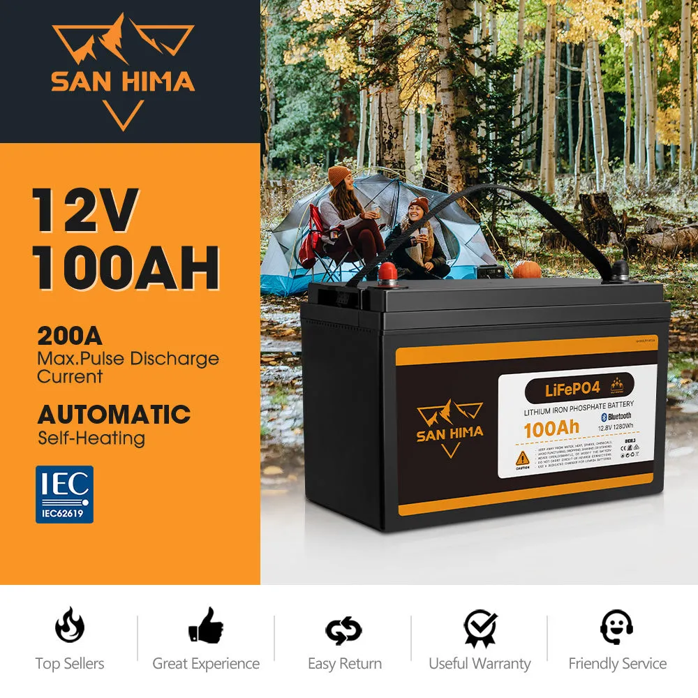 San Hima 12V 100Ah Lithium Iron Phosphate Battery LiFePO4 w/ Bluetooth & Self-heating Function