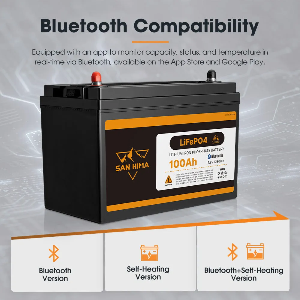 San Hima 12V 100Ah Lithium Iron Phosphate Battery LiFePO4 w/ Bluetooth & Self-heating Function