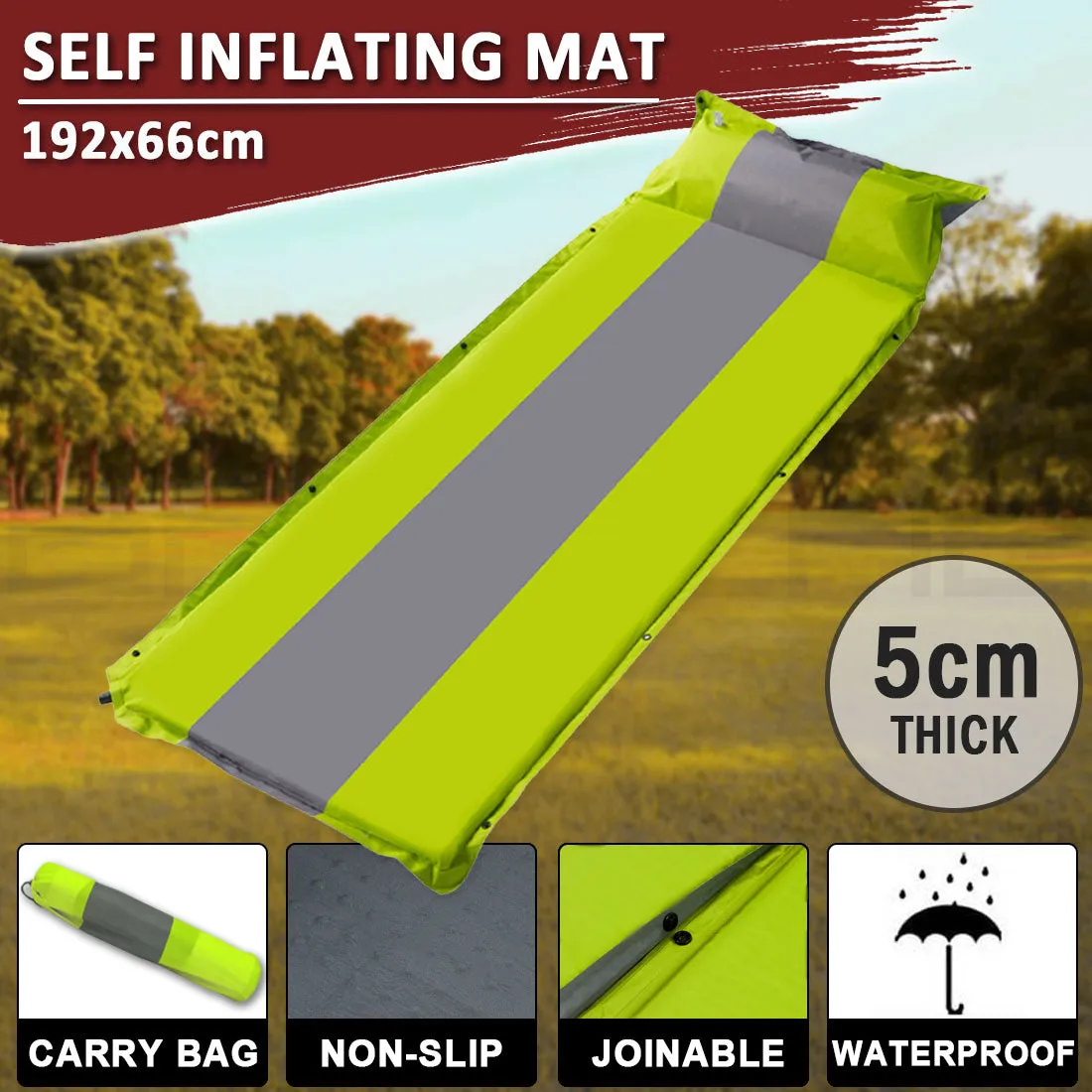 Self Inflating Mattress Sleeping Mat Air Bed Camping Camp Hiking Joinable Pillow - green