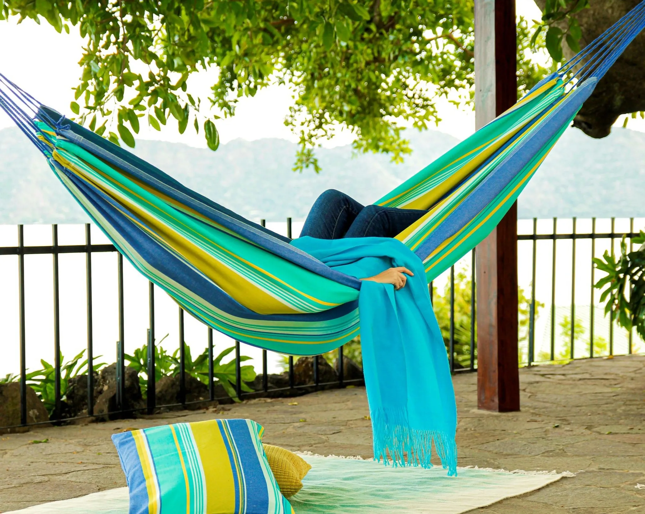 Striped Blue Green Cotton Canvas Hammock | OCEAN BREEZE