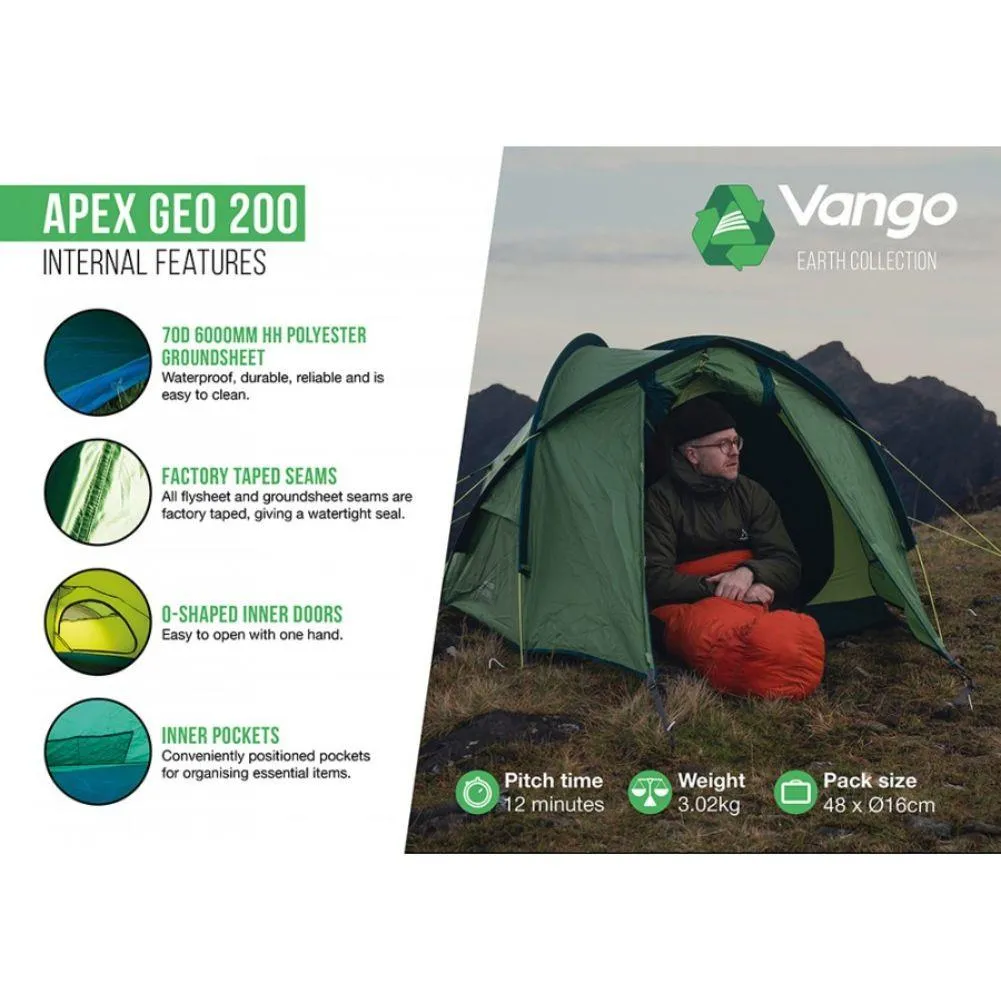 Vango Apex Geo 200 Tent - 2 Man Semi-Geodesic Trekking Tent (Pamir Green)